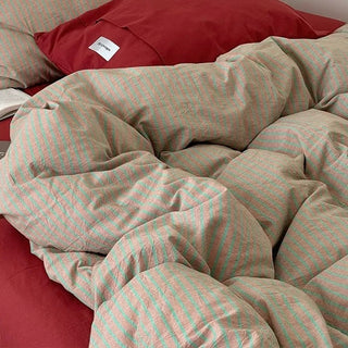 Red Beige Pin Stripe Cotton Duvet Cover Set 2 Sizes  All Seasons