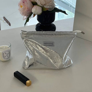 Metallic Silver Rectangular Flat Cosmetic Storage Pouch Large Capacity Organization