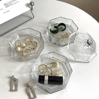 Clear glass lidded three-tier storage tray for small items