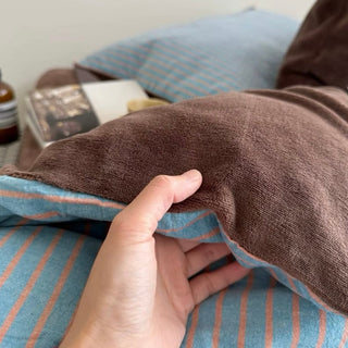 Blue Brown Pin Stripe Cotton Fleece Winter Duvet Cover Set