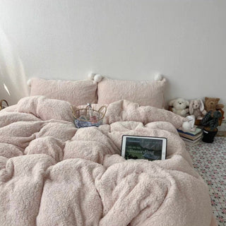 Pink Pom-Pom Milk Velvet Winter Thick Duvet Cover Set