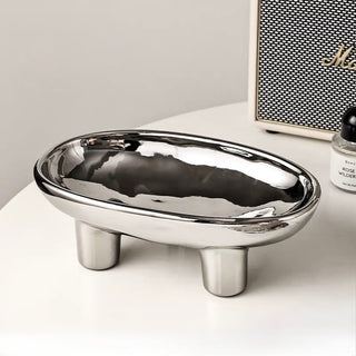 Footed Ceramic Oval Trayin  Silver Plate Accessory Tray