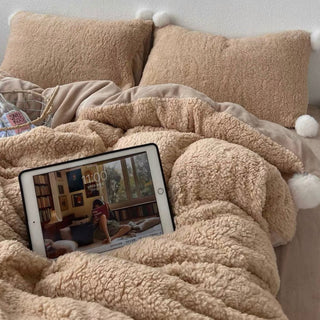 Brown Pom-pom Milk Velvet Winter Thick Duvet Cover Set