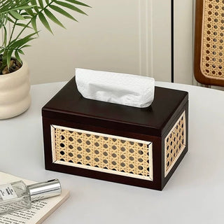 Rattan Basketweave Wood Tissue Case
