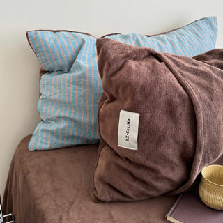 Blue Brown Pin Stripe Cotton Fleece Winter Duvet Cover Set