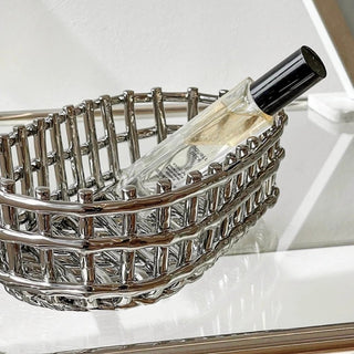 Silver Woven Oval Ceramic Basket for Small Item Storage