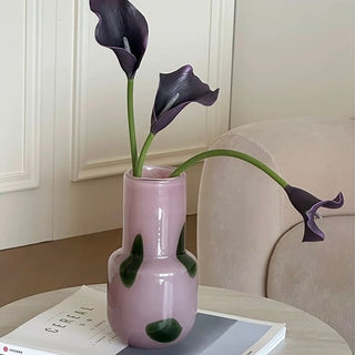 Green polka dot pink glass flower vase