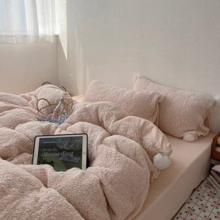 Pink Pom-Pom Milk Velvet Winter Thick Duvet Cover Set