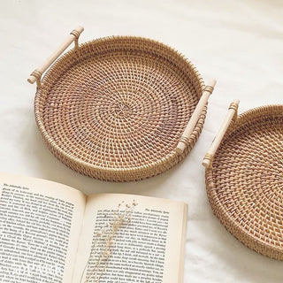 Large Rattan Round Tray with Handle Small Item Container