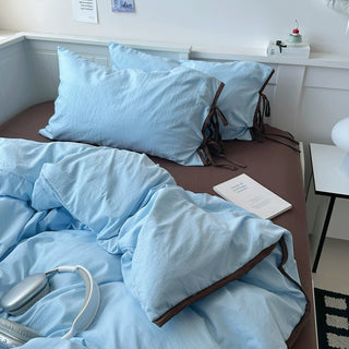 Blue Side Ribbon Solid Color Piping Duvet Cover Set 2 Sizes  Bed Cover All Seasons Year-Round