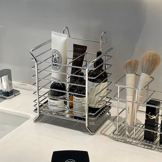 Stainless steel hanging wire basket silver dish drainer small item storage.