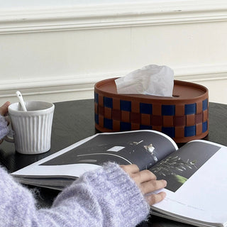 Oval-shaped woven faux leather tissue case