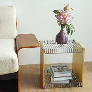 Wood x Stainless Steel Silver Storage Rack Side Table  Magazine Rack Wire Cube