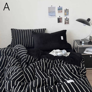 Dark Color Pinstripe Milk Velvet Winter Duvet Cover Set