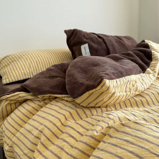 Yellow Brown Pin Stripe Cotton Fleece Winter Duvet Cover Set