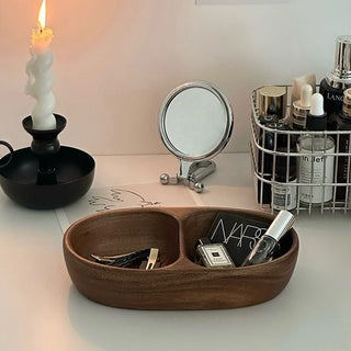 Acacia Wood Double Divided Accessory Tray  Small Item Tray
