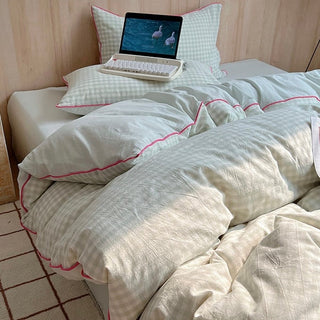 Piping Gingham Check Pattern Duvet Cover Set  Bed Cover All Season