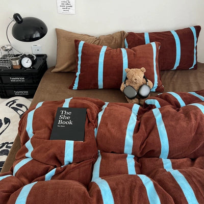 Brown Blue Wide Stripe Winter Duvet Cover Set