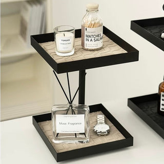 360 Degree Rotating Iron Braided Leather Square Two-Tier Tray  Storage Rack