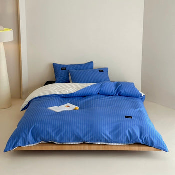 Blue Double-Sided Stripe Cotton Duvet Cover Set   Bed Cover  All Seasons