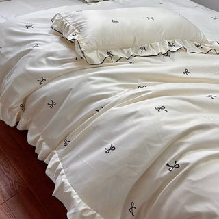 Cooling Ribbon Pattern Frill Ivory Duvet Cover Set Bed Cover Cool Touch