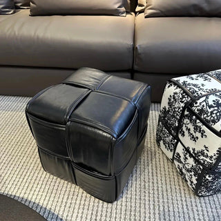 Monochrome Cube-shaped Woven Stool Ottoman 35cm Height Side Table