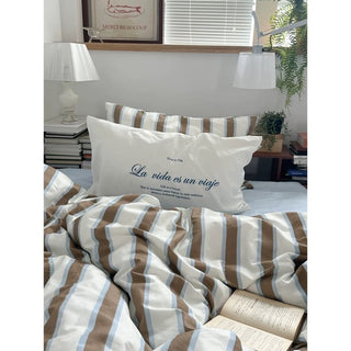 White Brown Stripe Duvet Cover Set