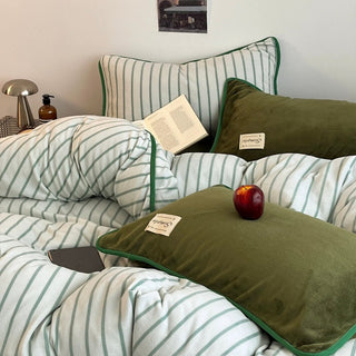 Green stripe piping thick milk fleece winter duvet cover set 2 sizes