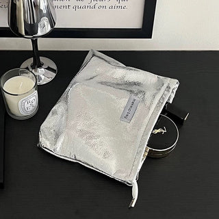 Metallic Silver Rectangular Flat Cosmetic Storage Pouch Large Capacity Organization