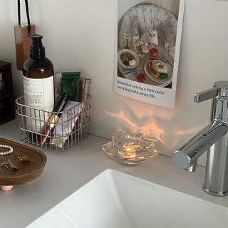 Lotus flower motif clear glass candle holder stand