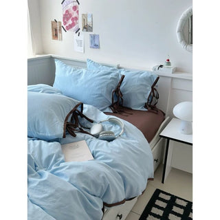 Blue Side Ribbon Solid Color Piping Duvet Cover Set 2 Sizes  Bed Cover All Seasons Year-Round