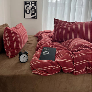 Red Ivory Stripe Winter Duvet Cover Set