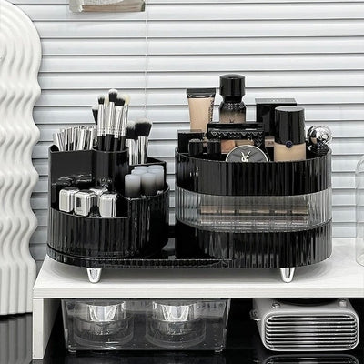 360 Degree Rotating Brush Stand with Sliding Cosmetic Storage Tray