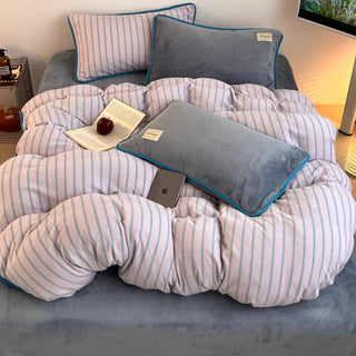 Blue Stripe Piping Thick Milk Fleece Winter Duvet Cover Set