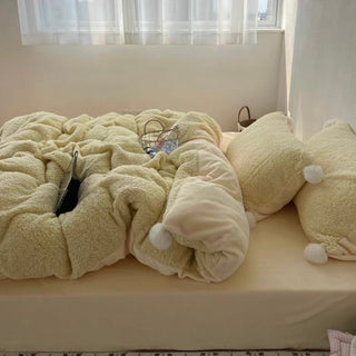 Yellow Pom-Pom Milk Velvet Winter Thick Duvet Cover Set