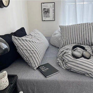 Gray and White Stripe Cotton Duvet Cover Set   All Seasons