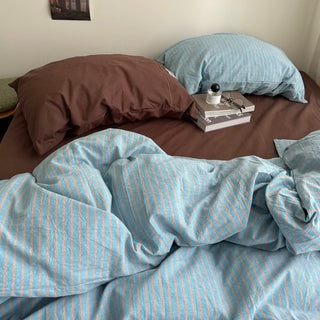 Blue Brown Pin Stripe Cotton Duvet Cover Set 2 Sizes  All Seasons