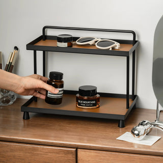 Top handle included. Iron and leather black frame storage tray two-tiered rack. Display rack.