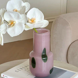 Green polka dot pink glass flower vase