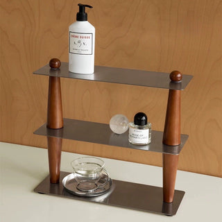Wood Stainless Steel Three-Tier Storage Display Rack Brown