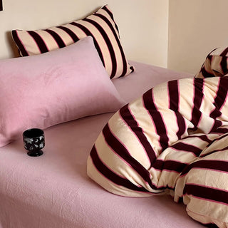 Pink Brown Wide Stripe Winter Duvet Cover Set