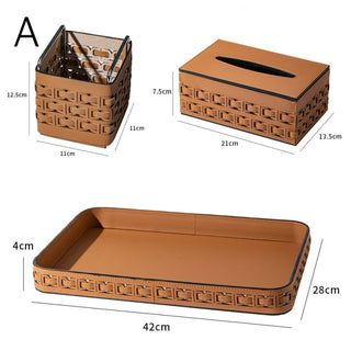 Piece Set: Braided Geometric Pattern Leather Tray Tissue Box Small Item Holder  Storage Brush Stand