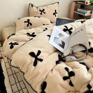 Faux Fur Black Ribbon Pattern Winter Duvet Cover Set