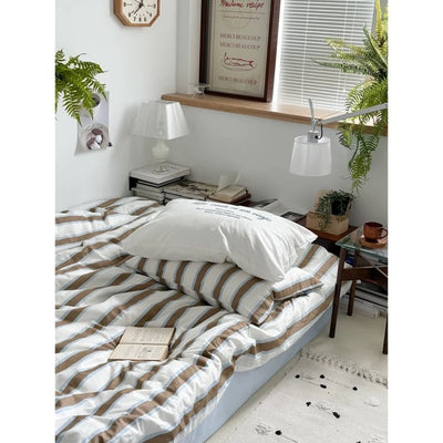 White Brown Stripe Duvet Cover Set