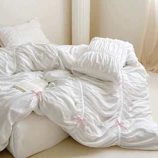 White Gathered Romantic Ribbon Duvet Cover Set  All Seasons