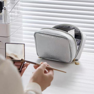 Simple Leather Rectangular Cosmetic Storage Pouch Waterproof Silver Small