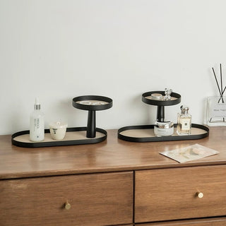 Iron Leather Oval Round Two-Tier Tray  Storage Rack Cosmetic Storage