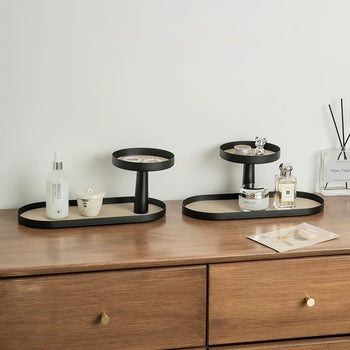 Iron Leather Oval Round Two-Tier Tray  Storage Rack Cosmetic Storage