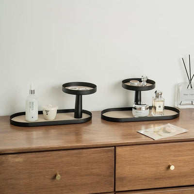 Iron Leather Oval Round Two-Tier Tray  Storage Rack Cosmetic Storage