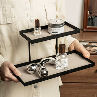 Iron Leather Rectangular Two-Tier Tray Storage Rack